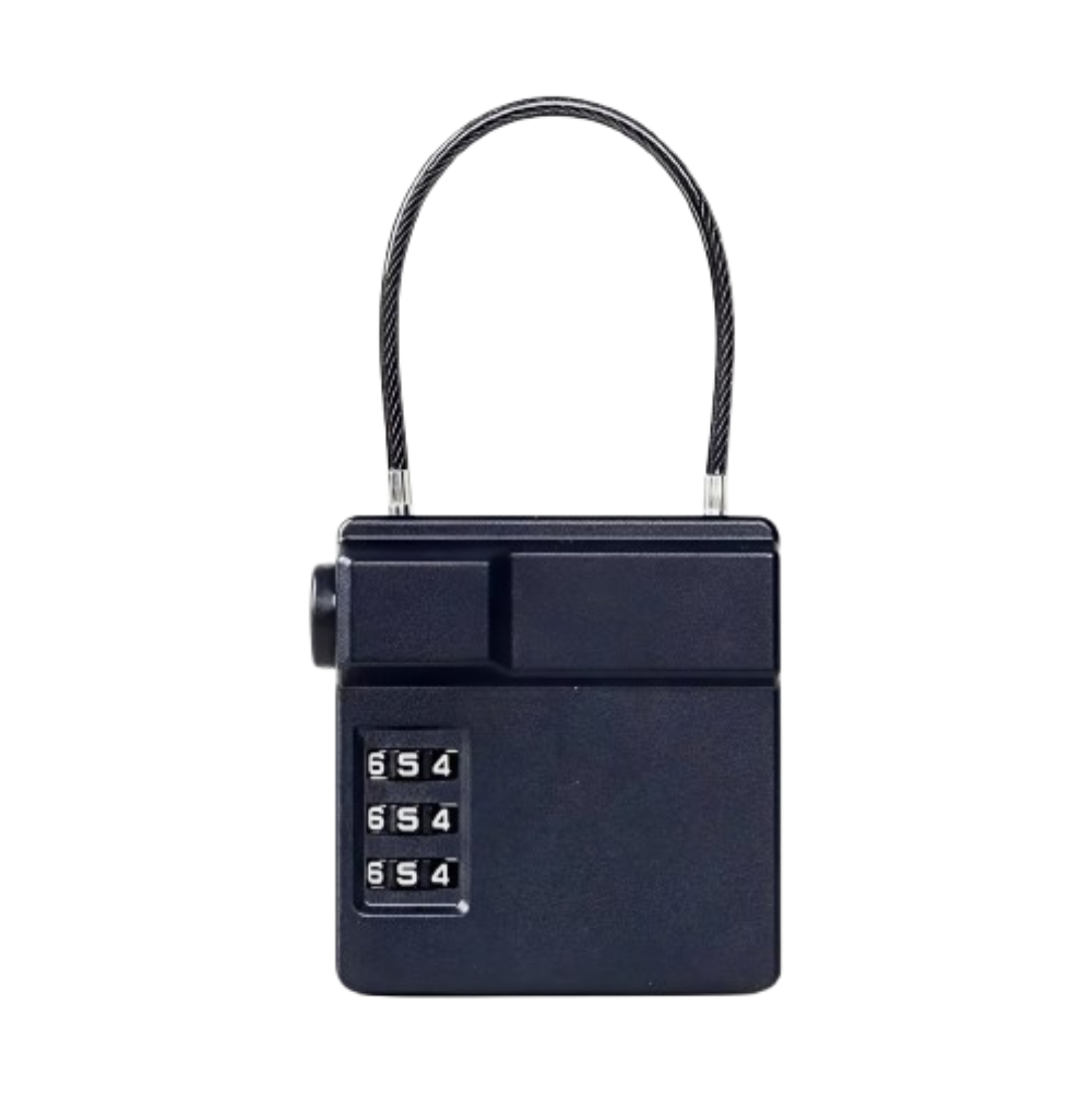 A black combination lock with a short steel cable lock and a three-digit numeric combination dial, shown on a plain white background.