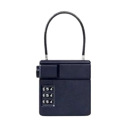 A black combination lock with a short steel cable lock and a three-digit numeric combination dial, shown on a plain white background.