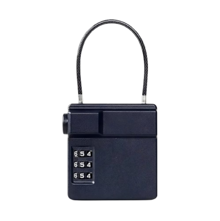 A black combination lock with a short steel cable lock and a three-digit numeric combination dial, shown on a plain white background.
